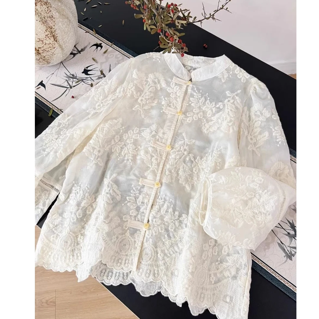 2024春夏国风蕾丝盘扣新中式立领长袖衬衫女新款刺绣气质宽松上衣