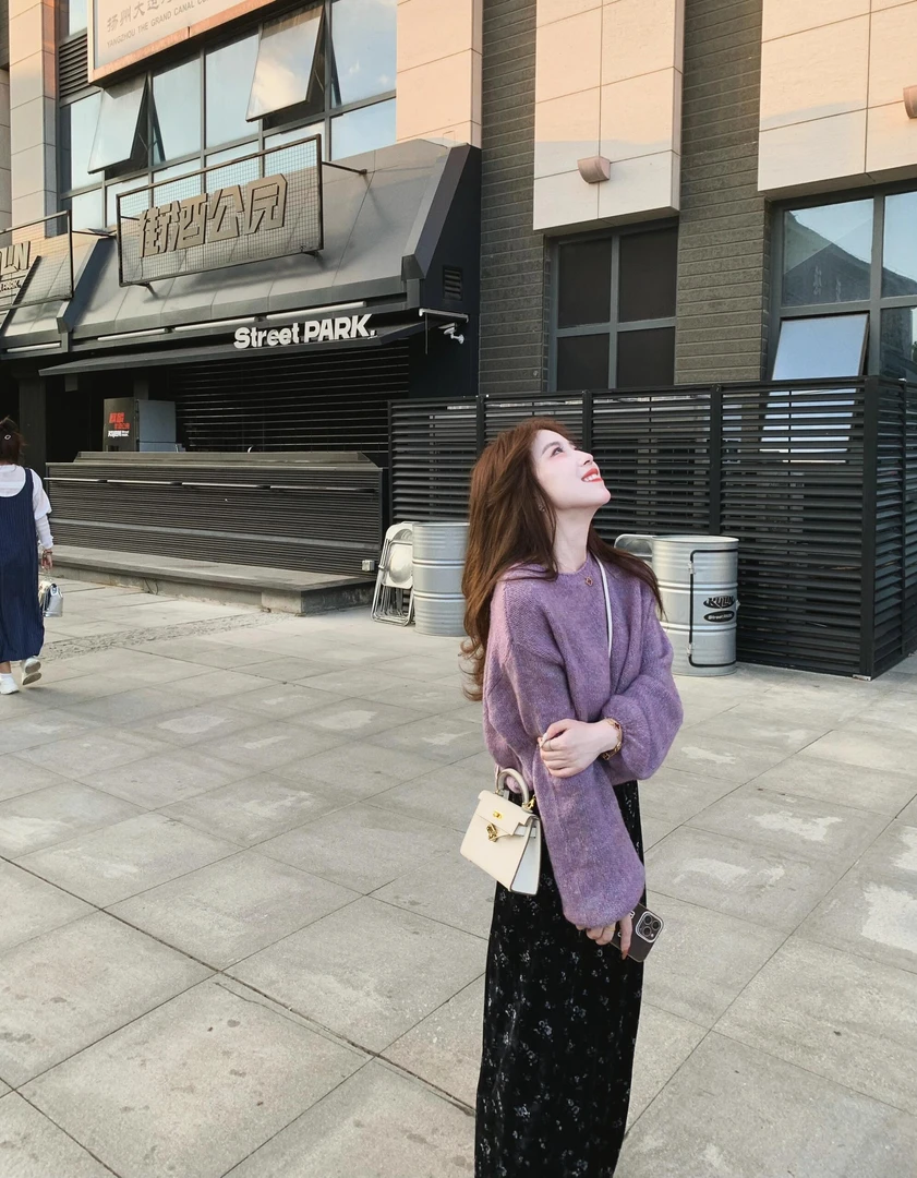 秋季搭配一整套温柔风时尚紫色气质针织上衣高腰显瘦半身裙两件套