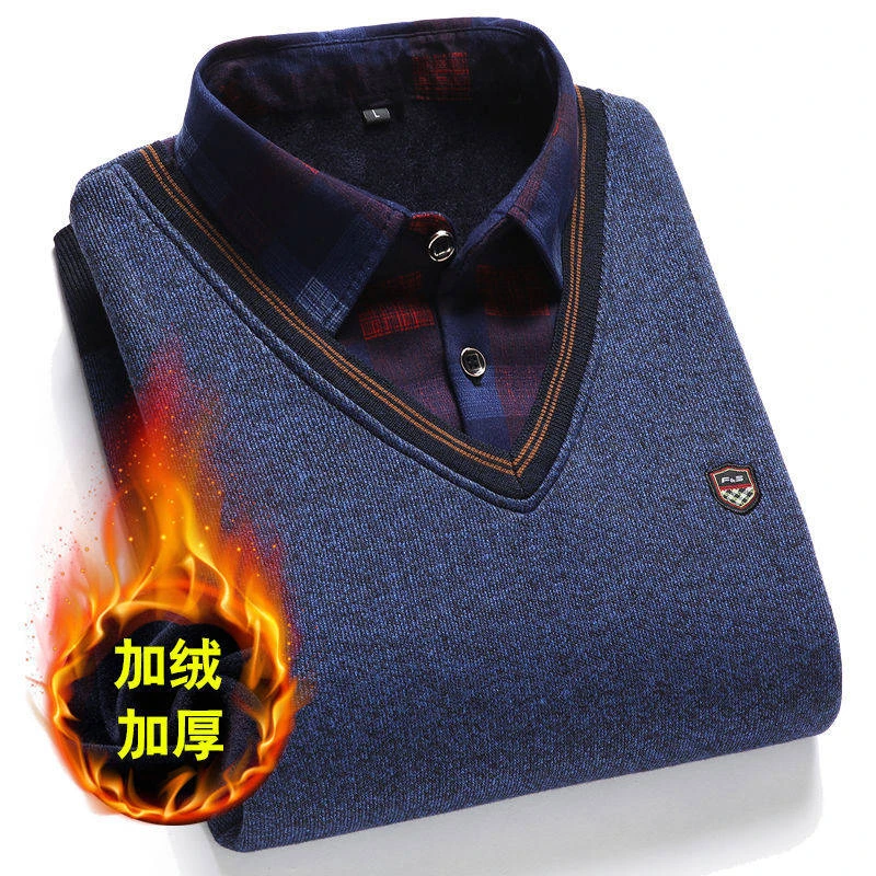 7710针织衫男加绒加厚保暖秋冬季中老年假两件保暖毛衣