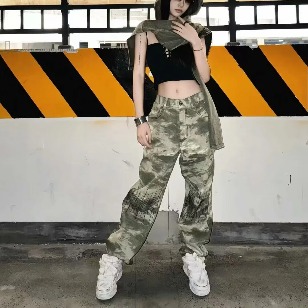 迷彩牛仔裤男新款高腰休闲裤hiphop直筒显瘦垂感高街裤子美式街头