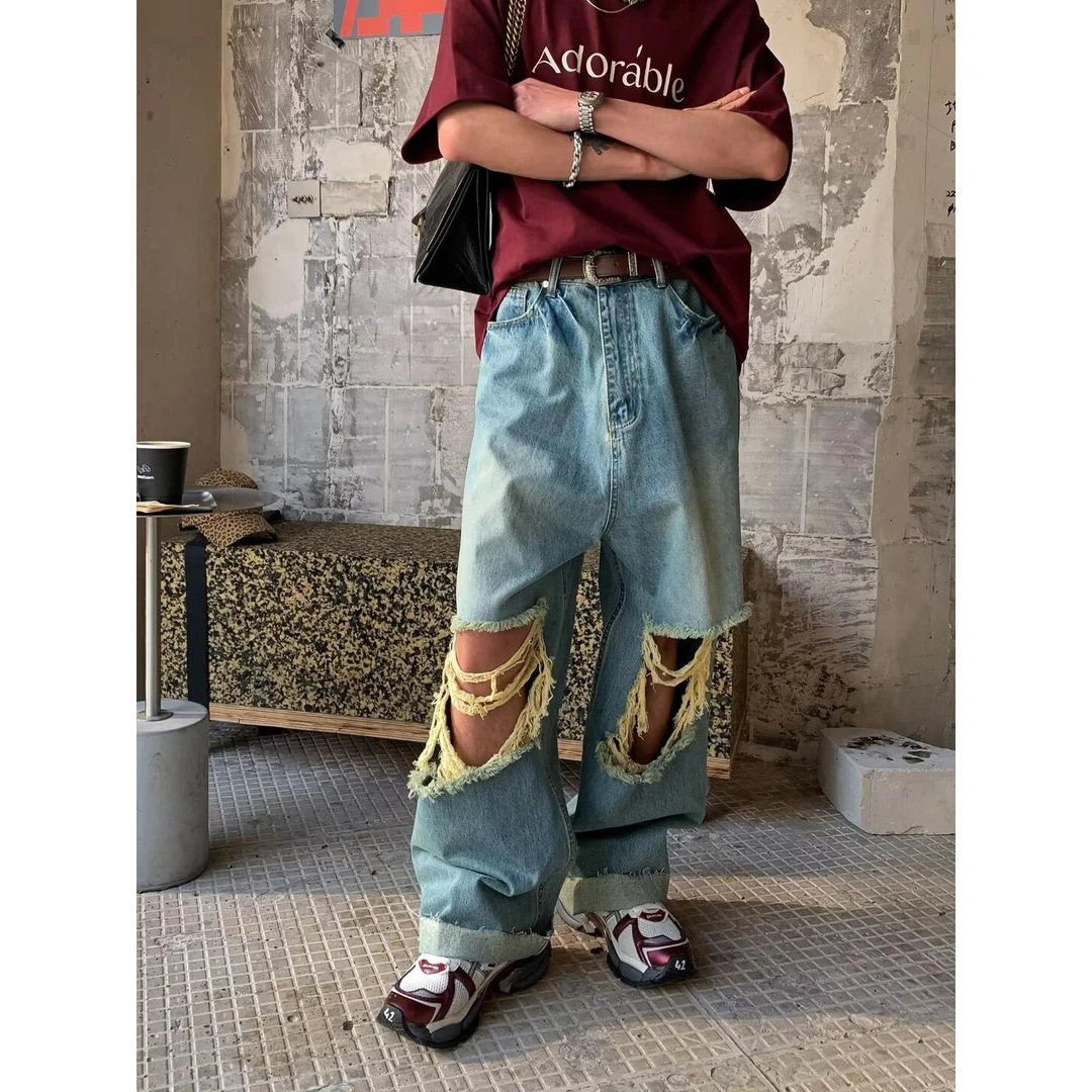 美式街头膝盖破洞牛仔裤男夏季vibe风潮牌宽松直筒垂坠感长裤子