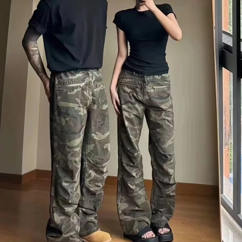春季新款情侣百搭美式复古休闲潮流街头迷彩宽松做旧牛仔工装裤子