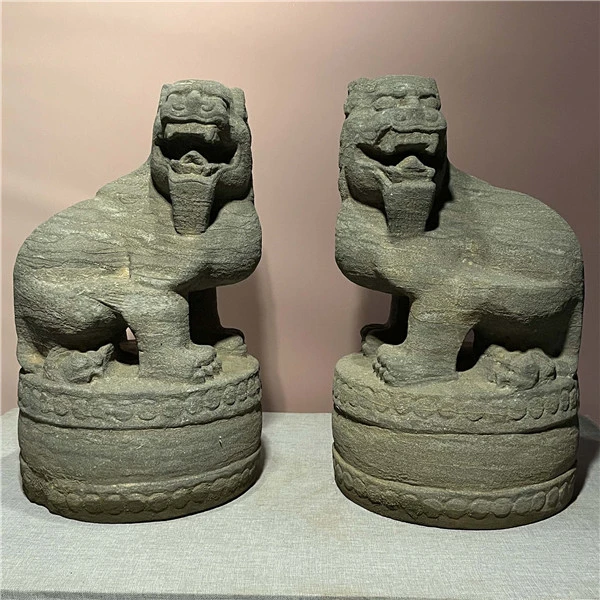 精美一对青石石雕狮子瑞兽茶室书房庭院玄关中式家居家用装饰摆件