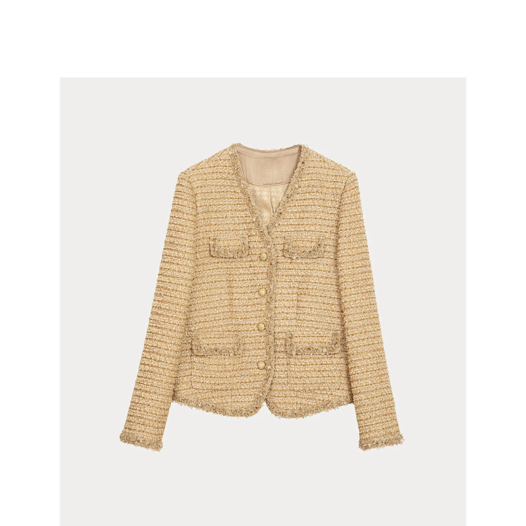 显瘦百搭v领气质手工织带花纱小香风外套