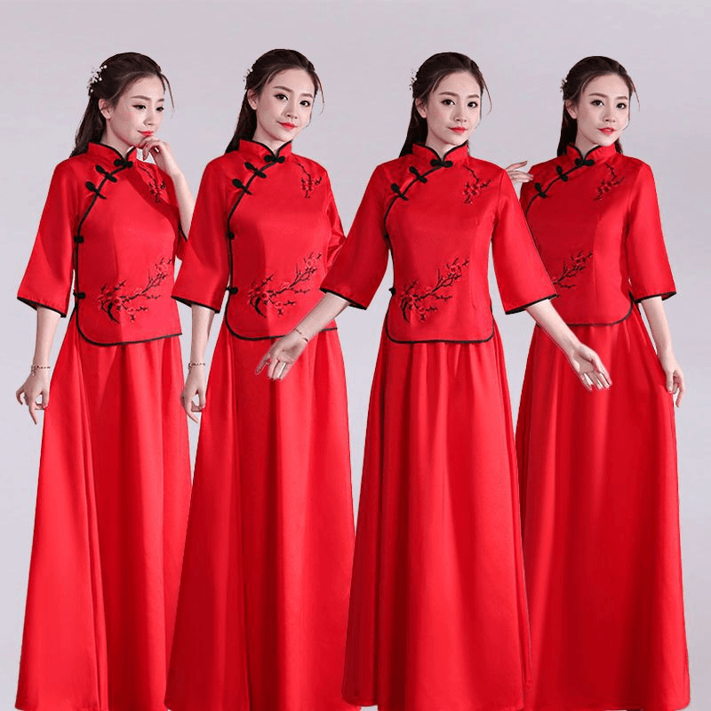 中式礼服伴娘秋款新款姐妹团古筝演出服合唱服民国伴娘服复古女装