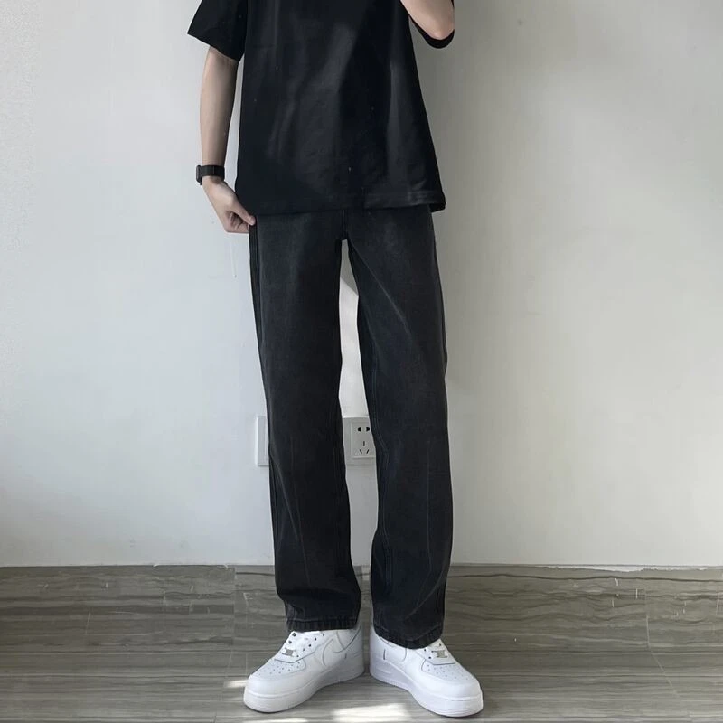 朔上黑色牛仔裤男款高街韩版阔腿裤宽松学生美式复古百搭休闲裤子
