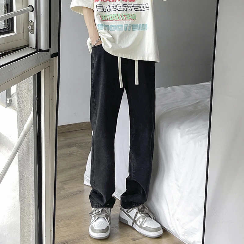朔上美式牛仔裤秋冬窄版潮流直筒显瘦抽绳阔腿垂感黑色加绒长裤子