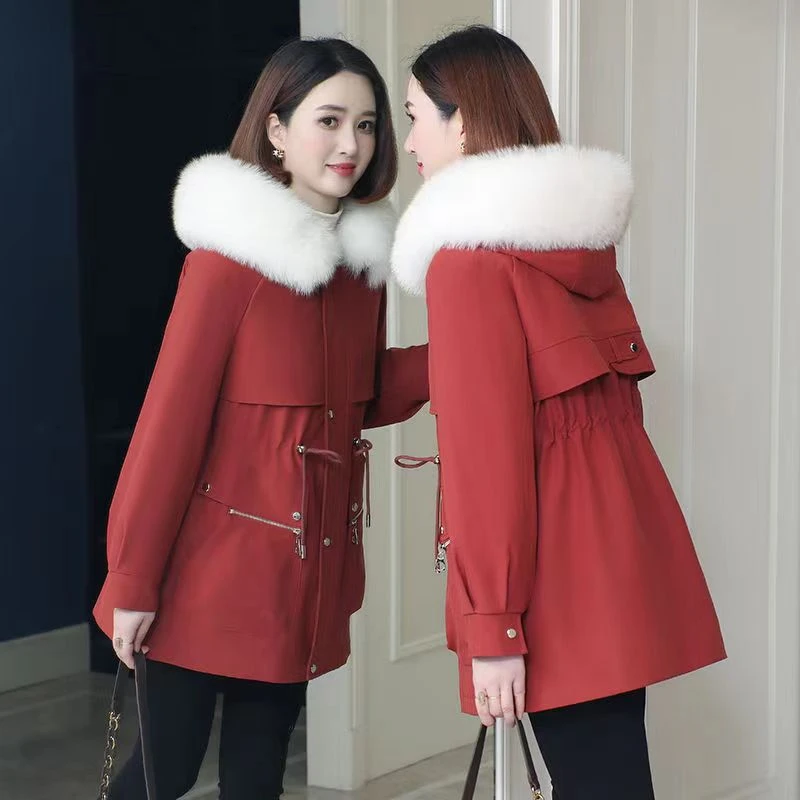 【枫叶】2023新款派克服女款中长款狐狸毛领可拆卸兔毛内胆