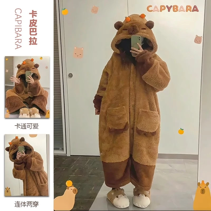 卡通可爱卡皮巴拉冬季睡袍女珊瑚绒睡衣2023年新款保暖家居服套装