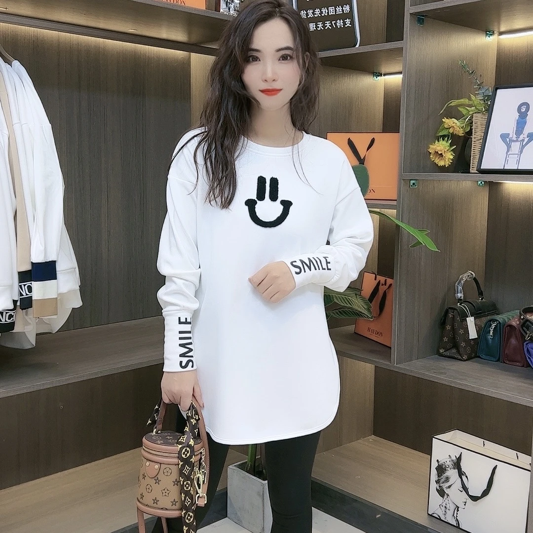 2024冬季加绒加厚笑脸白色长袖T恤中长款今年流行上衣内搭打底衫