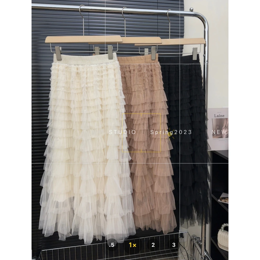 新款纯色高腰A字网纱蛋糕裙显瘦半身裙氛围感百搭小个子半身裙