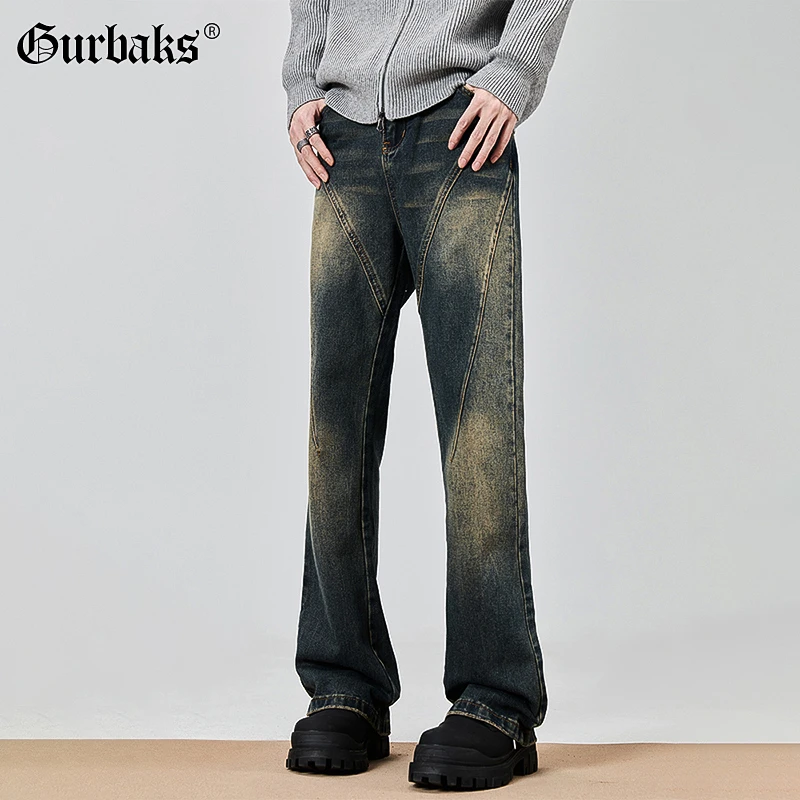 【古克】春秋新款美式牛仔裤裤男高街复古设计感水洗做旧微喇弯刀裤