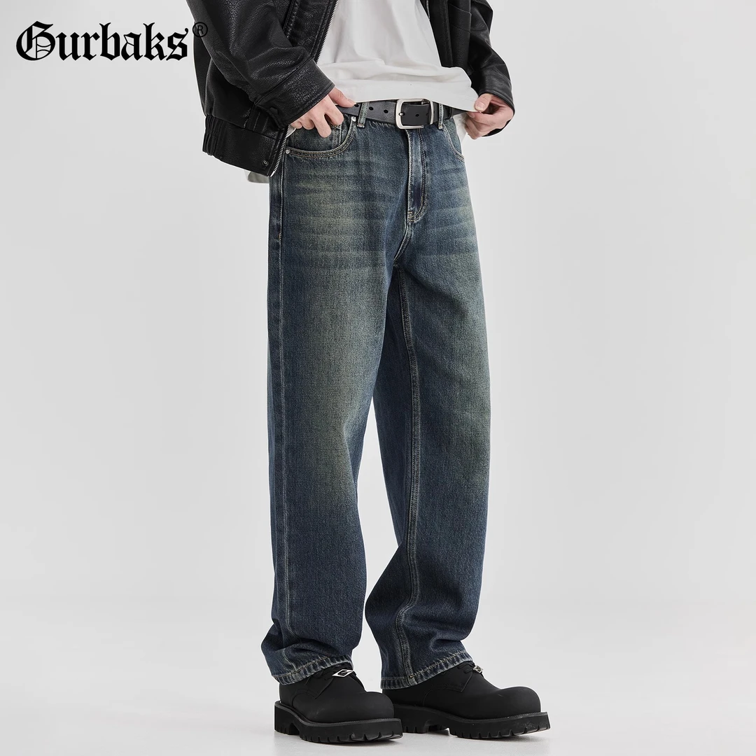 【古克】水洗直筒牛仔裤男美式重磅潮流百搭潮牌宽松阔腿休闲长裤