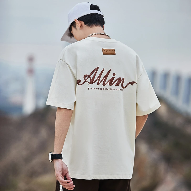 【古克】夏季休闲短袖t恤男纯棉字母印花半袖宽松潮男美式简约