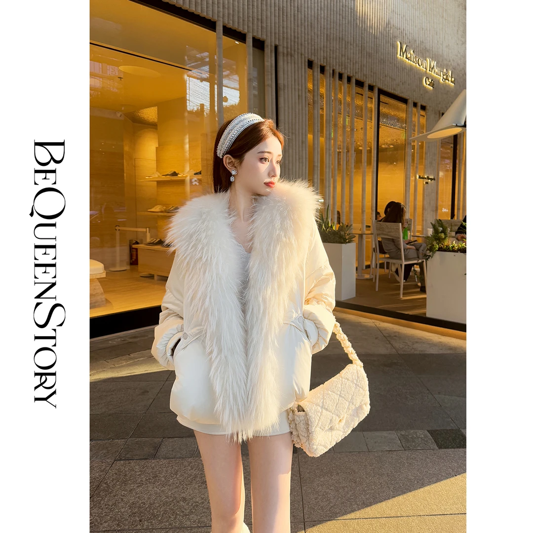 韩韩IU【落花白羽】三防面料高克重大朵90白鹅绒白貉毛领羽绒外套