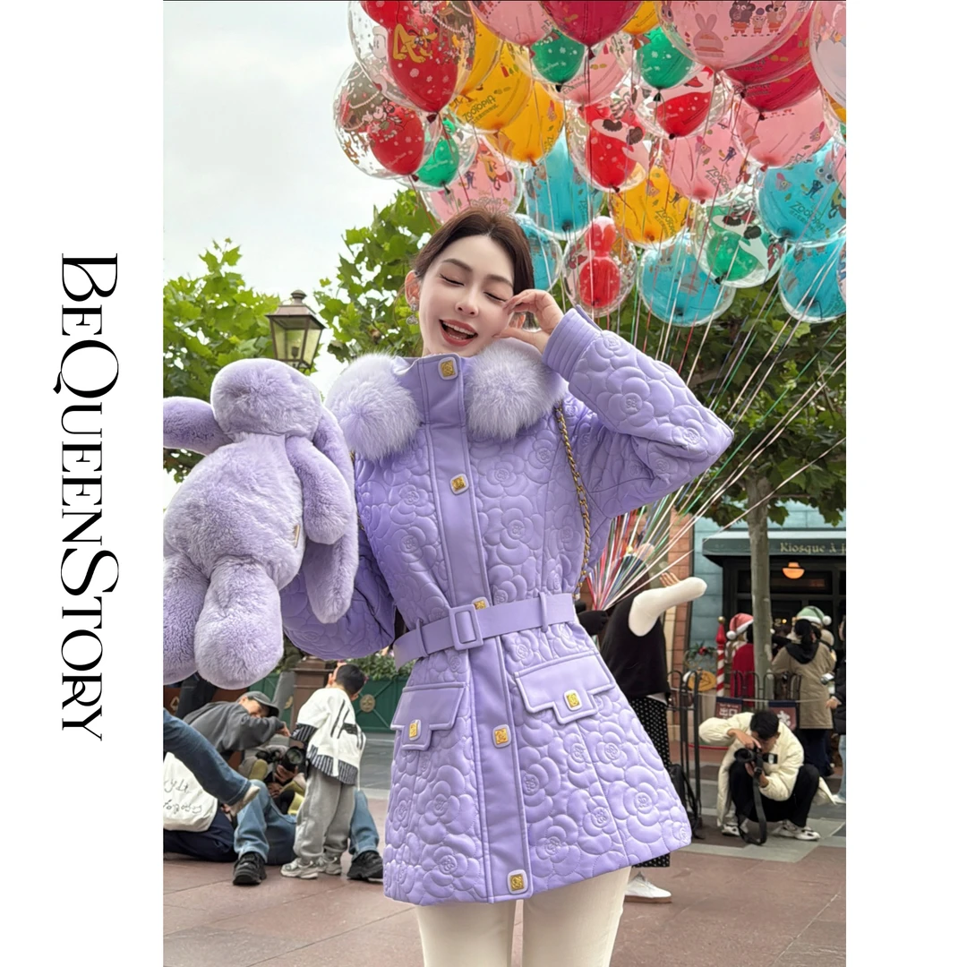 余潇潇【紫罗兰夜曲】狐狸毛领pu皮绗棉微收腰中长款绒羽外套保暖