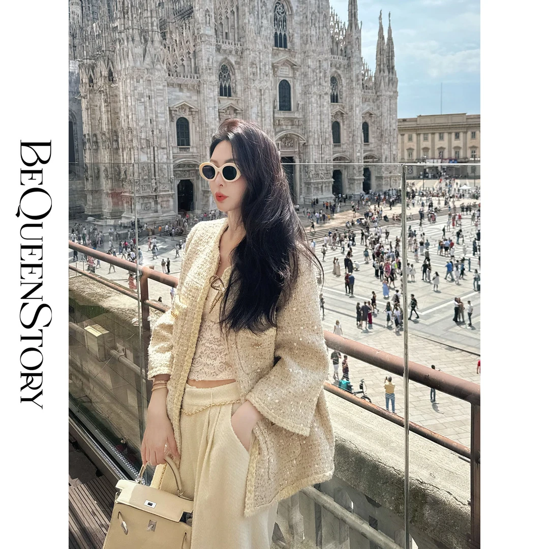 余潇潇 【鎏金小调】经典时尚织带亮片垫肩小香外套含羊毛