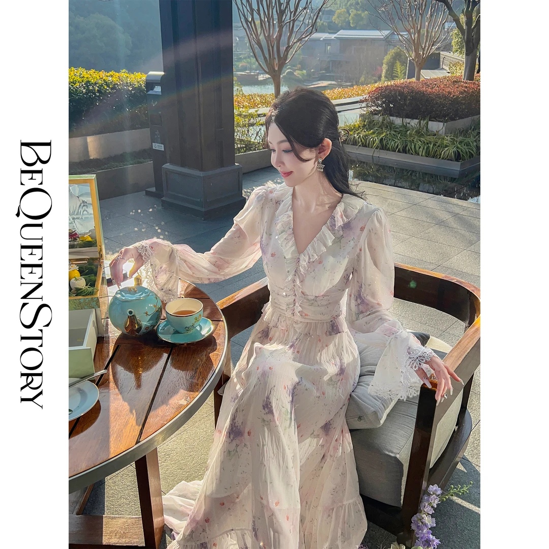 【高高甄选】【晴空鸢尾】重工印花炫彩钻烫银气质优雅复古连衣裙