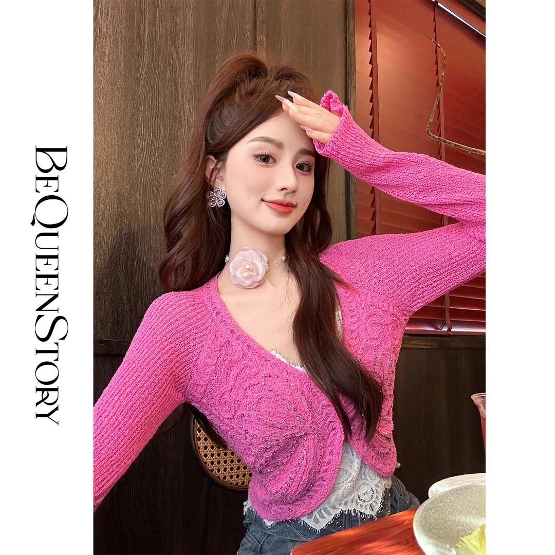 余潇潇【瑰丽蝶舞】时尚百搭轻奢精致手工缝珠V领短款上衣秋