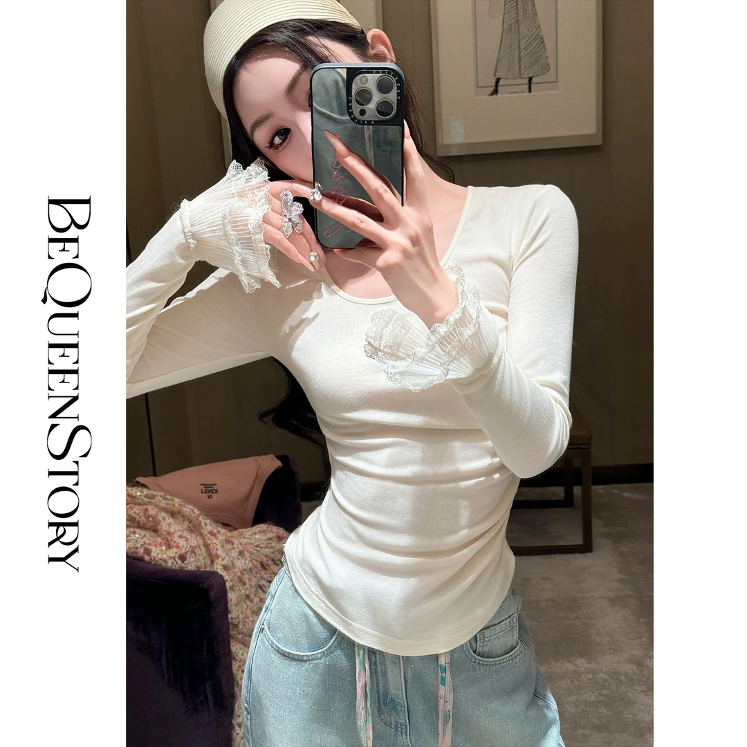 余潇潇【戚风白茶】时尚弹力针织蕾丝收腰显瘦圆领打底衫上衣