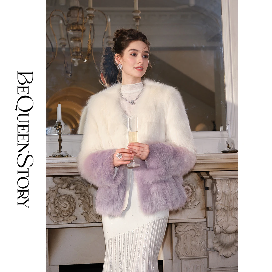 余潇潇【极光恋人】重工轻奢狐狸毛渐变染色拼接绵羊毛皮草外套秋冬