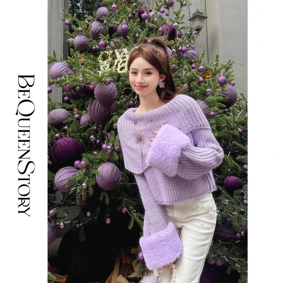 韩韩IU【紫藤幽梦】时尚精致手工花朵女生大翻领式披肩毛衣秋冬款