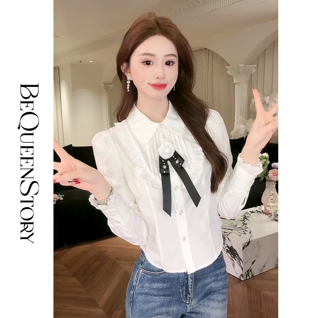 韩韩IU【青春日记】轻奢优雅精致千金风可拆卸山茶花领结V领衬衫