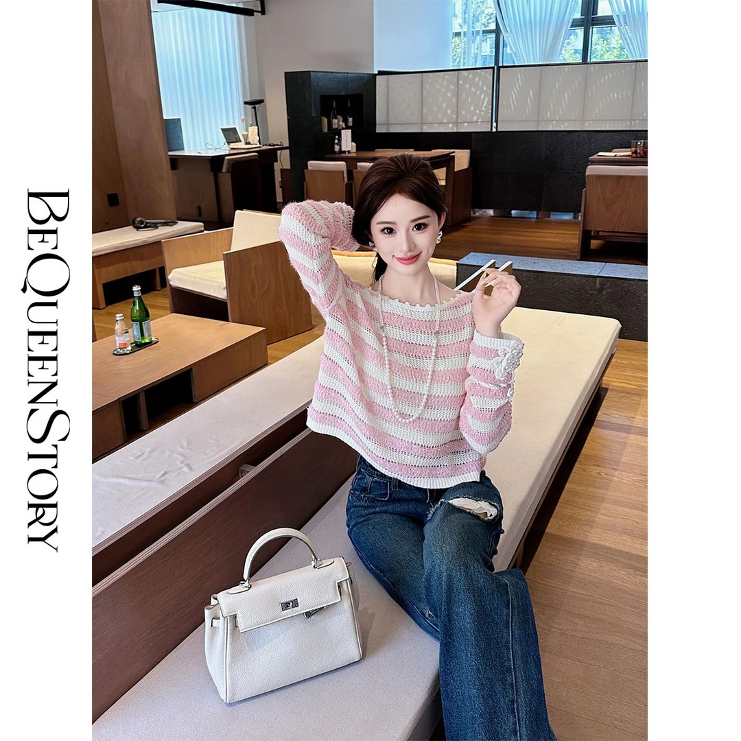 【小呆鸟专享】【条纹美术馆】重工设计感精致钩花一字领条纹毛衣