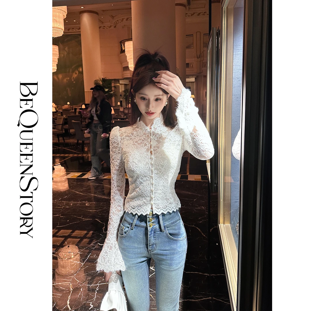 韩韩IU【茉莉心语】优雅奢华气质时尚镂空蕾丝打底修身女上衣秋冬款