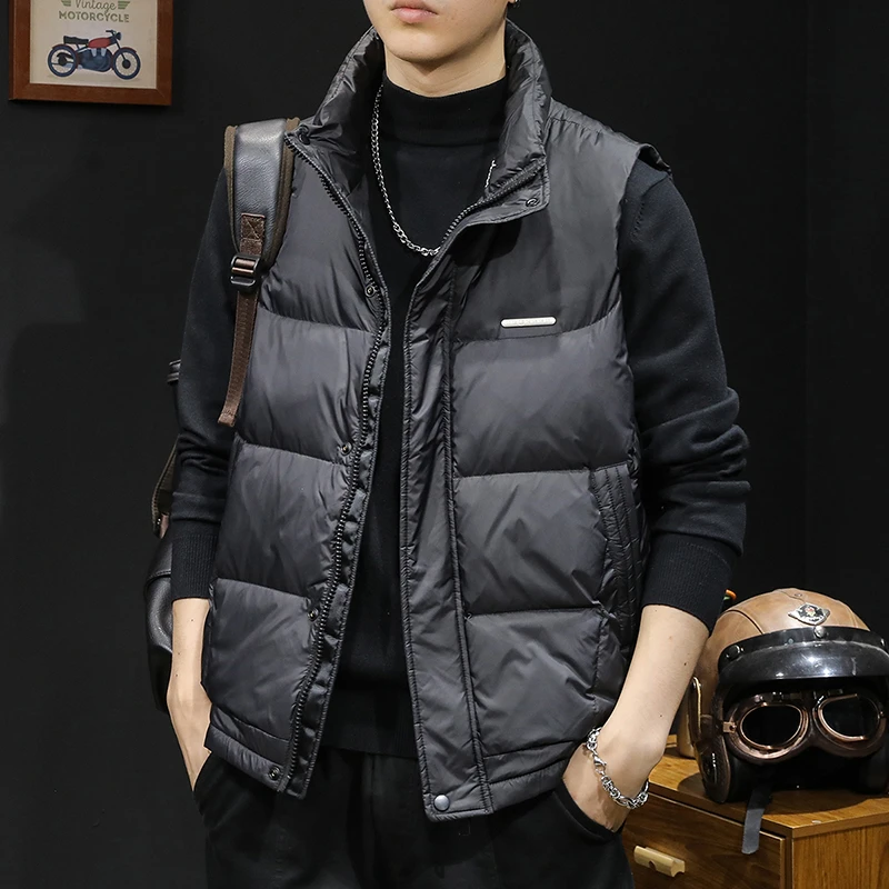 AEMAPE鸭绒服黑马甲男款2025秋季拉链时尚潮男士无帽外套垂感短款