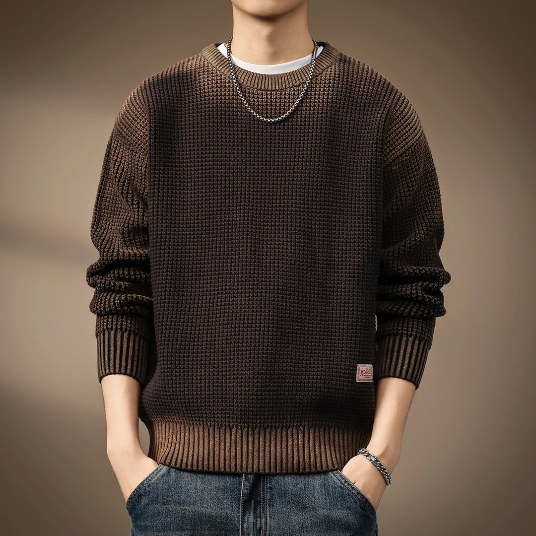 高端美式复古喷染重磅毛衣男秋冬加厚宽松潮牌休闲男士针织衫外套