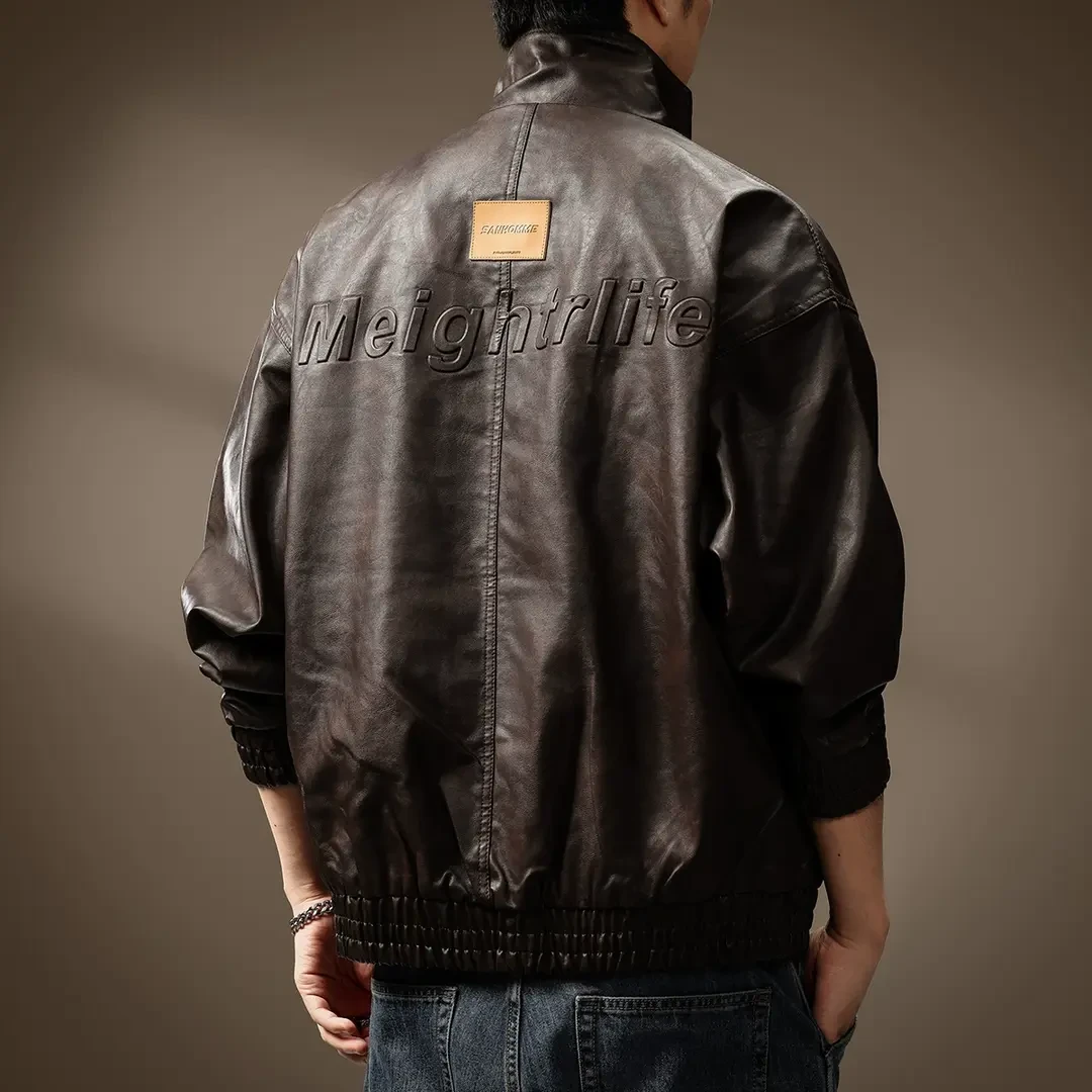 高端美式复古PU皮衣外套男秋季潮牌宽松机车阿美咔叽硬汉皮夹克男