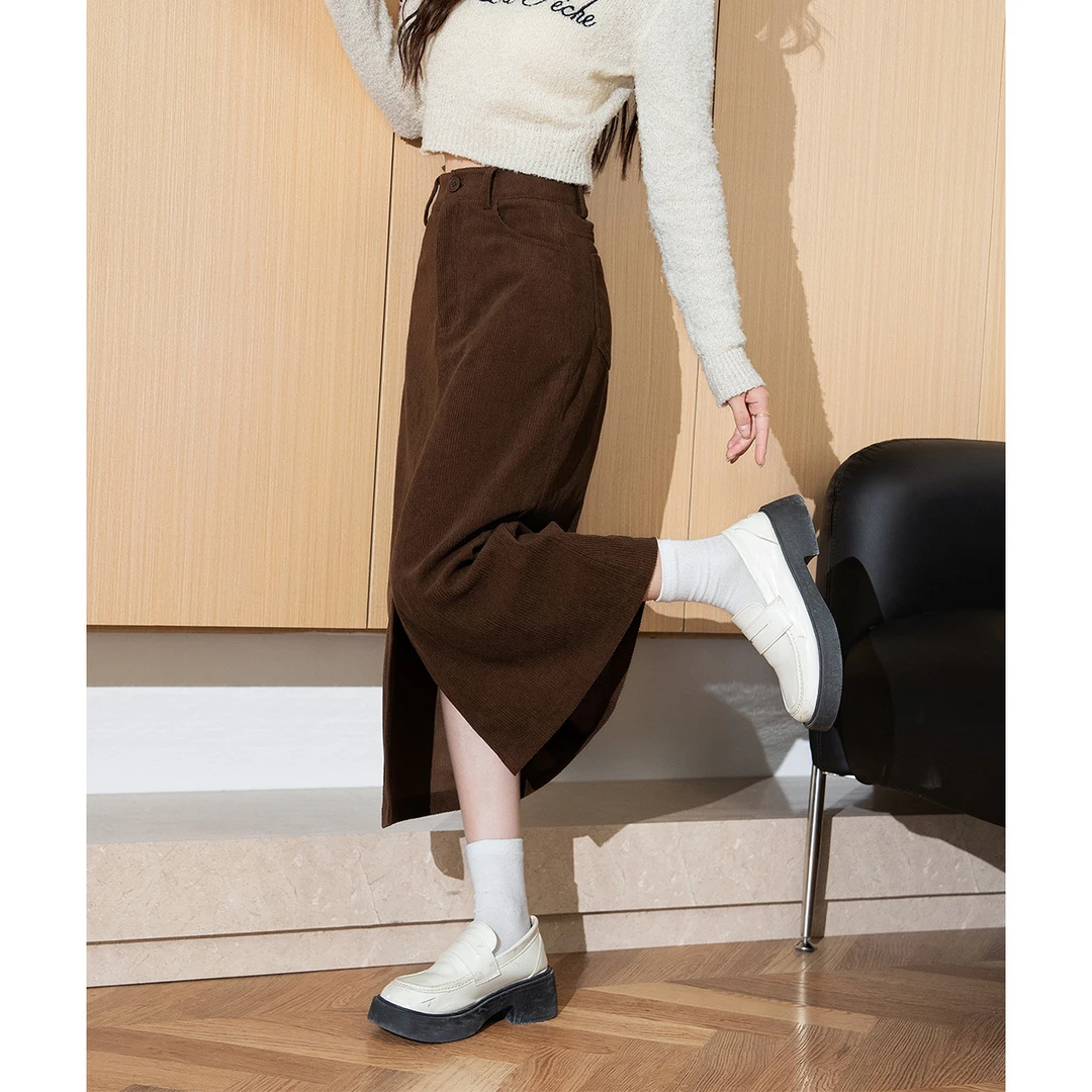 2B97 DB1 冬新款女高腰灯芯绒半身长裙复古气质百搭韩版休闲时尚