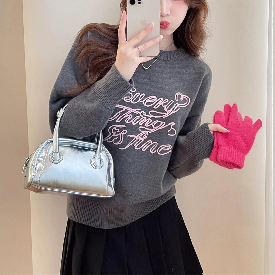 秋冬女圆领字母图案套头毛衣简约风设计感韩版气质百搭E4H1091
