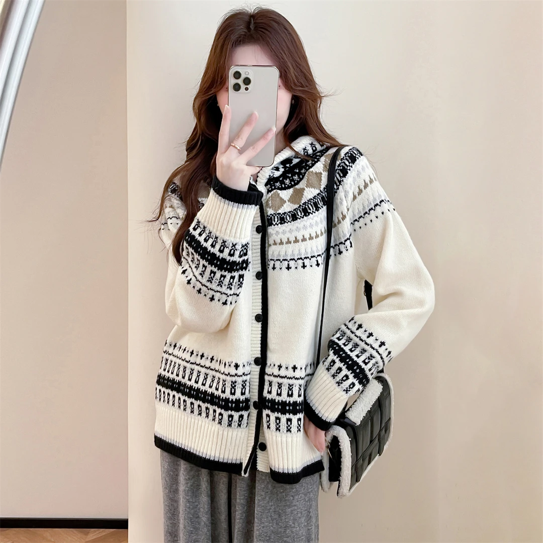 5M088 DB1唐狮针织撞色复古图案慵懒风宽松连帽开衫 E4G1008