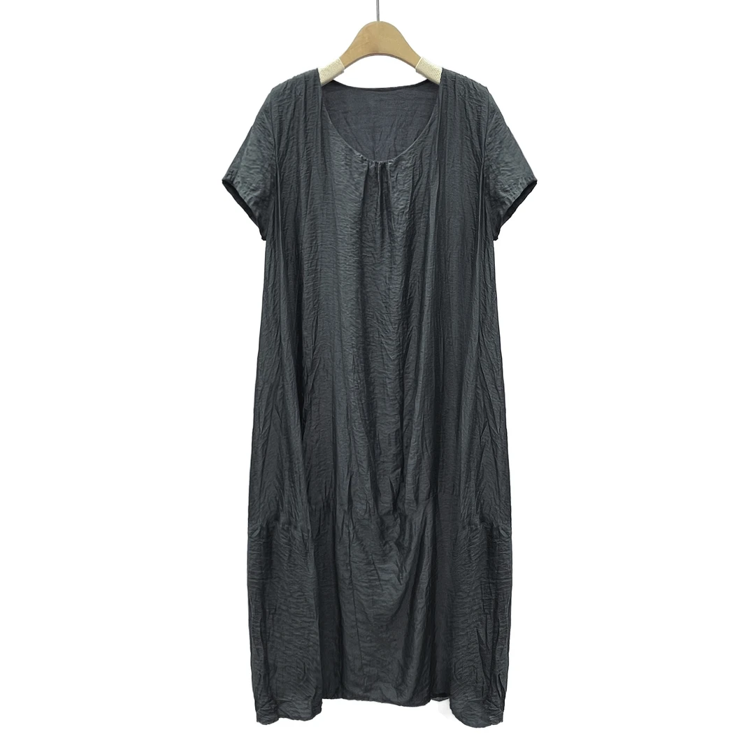 简约轻薄褶皱宽松遮肉连衣裙气质休闲舒适圆领女士长裙  D3395