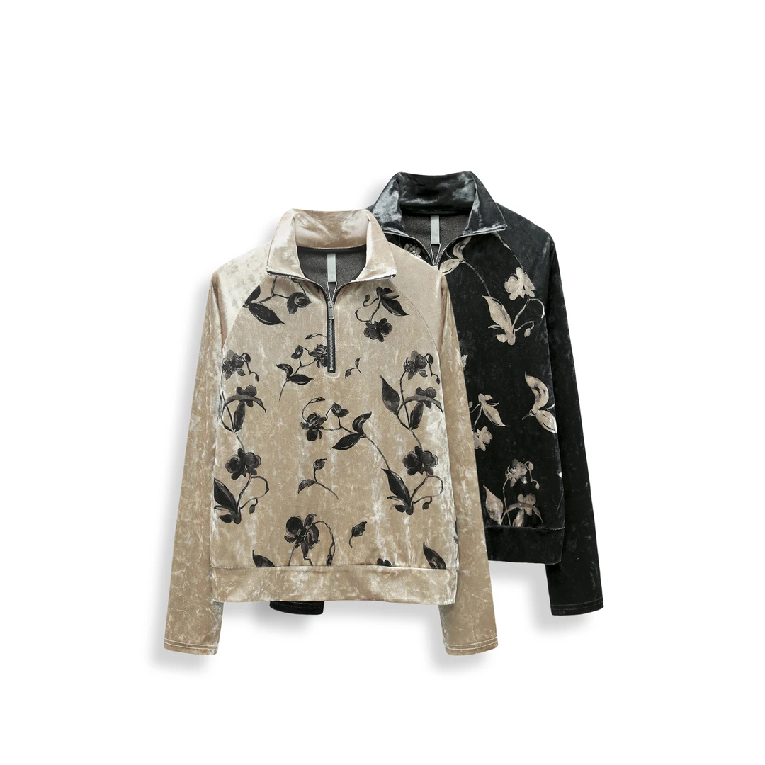 秋冬款立领丝绒印花套头打底衫长袖拼接T恤百搭上衣 T3918