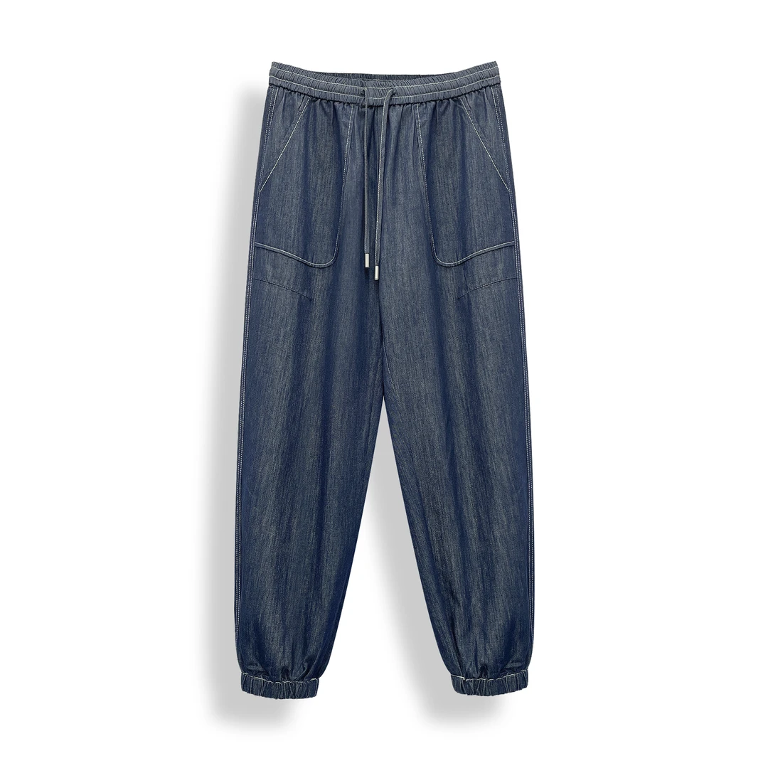 深蓝色松紧腰工装牛仔裤高腰显瘦束脚休闲宽松哈伦裤 P3745