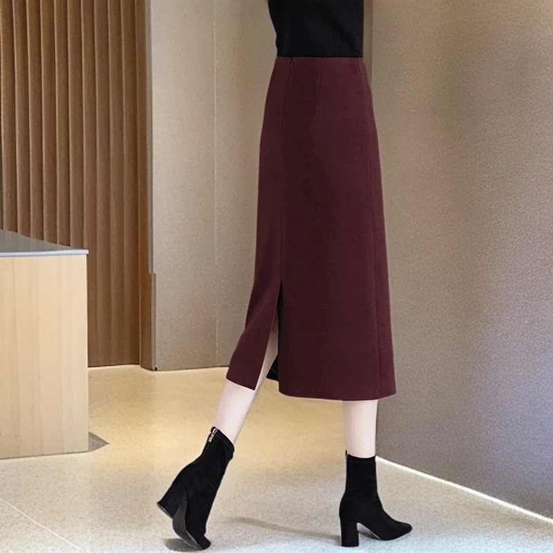 毛呢半身裙女后开叉秋冬2024新款高腰气质中长款包臀直筒一步裙子