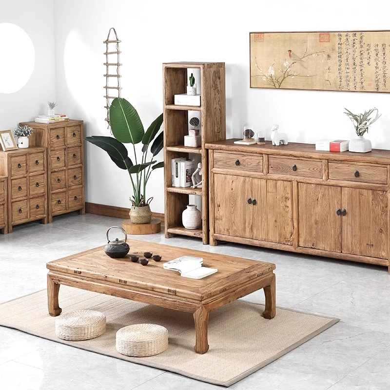 老榆木门板桌子原木全实木家用小茶桌榆木小茶几茶台榻榻米低家具