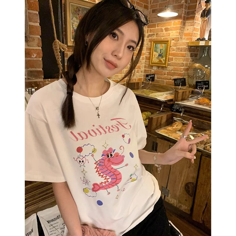 孕妇上衣2024夏季新款时尚龙宝宝童趣手绘印花中长款短袖孕妇T恤