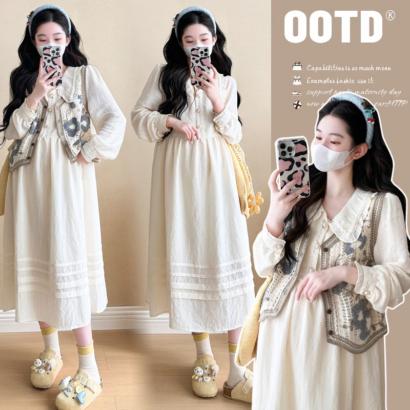 2024孕妇秋装新款时尚温柔韩系甜美减龄显瘦百搭孕妇连衣裙子套装