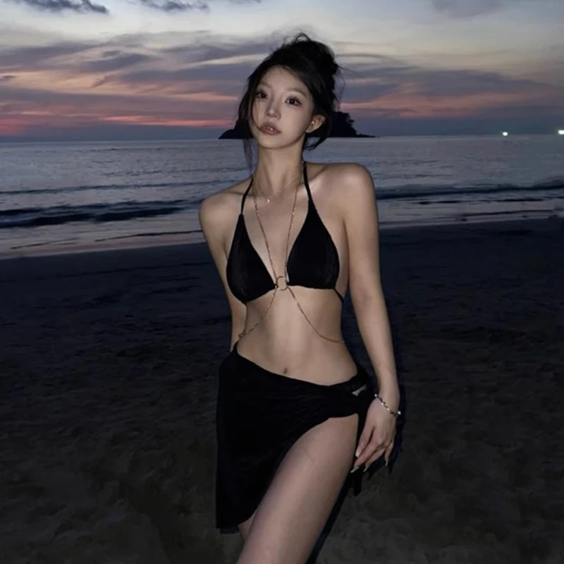 YQM【黑金链】ins性感比基尼三件套沙滩度假游泳衣网红慎婕款bikini