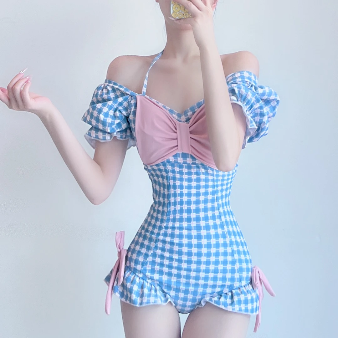 YQM【少女】2025新款复古格子纯欲风蝴蝶显瘦高颜值可爱连体泳衣女