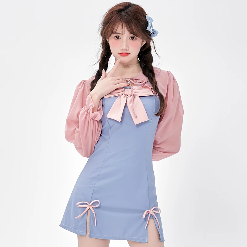 YQM【轻奢】日系可爱甜美纯欲少女连体泳衣女两件套长袖套装泳装