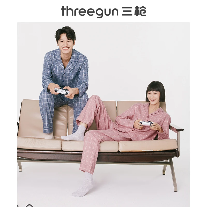 三枪家居服女款春夏格纹绒布长袖长裤开襟柔软透气纯棉睡衣套装