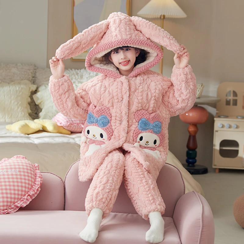 bejirog/北极绒儿童冬季保暖睡袍女童珊瑚绒三层夹棉甜美居家套装