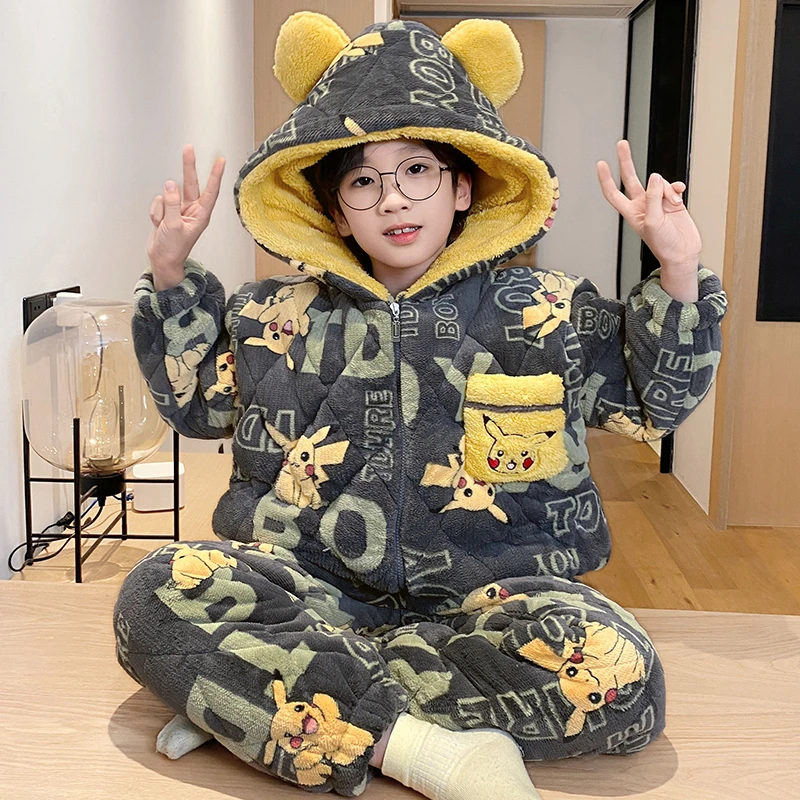 bejirog/北极绒舒适可外穿法兰绒三层夹棉男童中大童居家睡衣套装