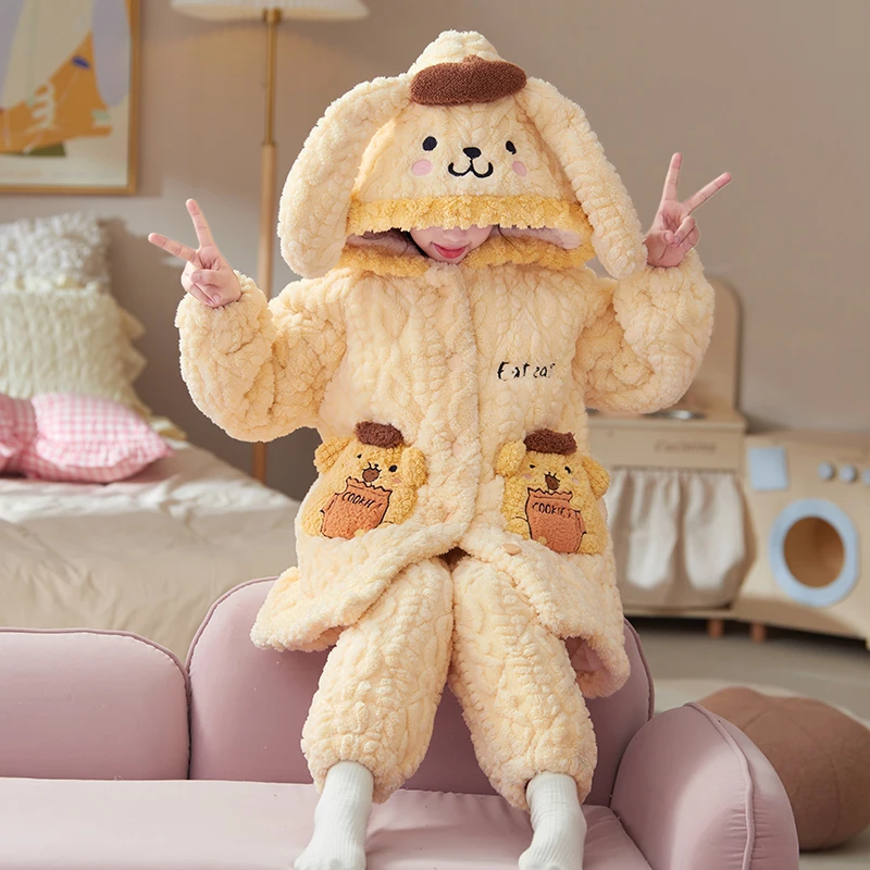 bejirog/北极绒珊瑚绒三层夹棉女童冬季时尚洋气连帽睡袍外穿套装