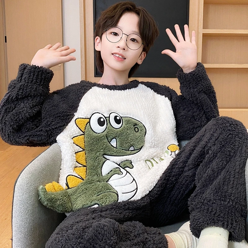 bejirog/北极绒时尚长袖圆领男童加绒加厚珊瑚绒秋冬保暖睡衣套装